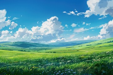 Fototapeta premium Peaceful Green Meadow Landscape Under Blue Sky with White Fluffy Clouds. Concept of nature, serenity, and hope.