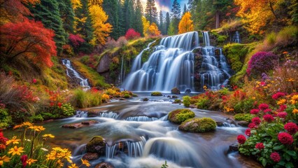 waterfall in autumn forest with colorful flowers. Autumn Wallpaper, Nature Wallpaper