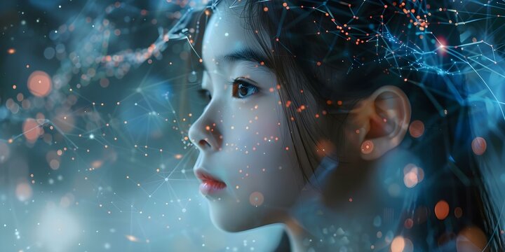 The AI humanoid girl's neural network processes big data as her AI brain learns. Concept Artificial Intelligence, Data Processing, Neural Networks, Big Data, Machine Learning