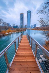 Wooden footbridge leading to modern buildings in the city