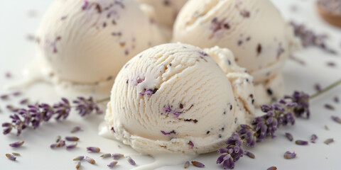 Fototapeta premium Elegant vanilla bean and lavender ice cream, an image of elegant vanilla bean and lavender ice cream, its creamy texture speckled with vanilla and lavender, set against a white backdrop