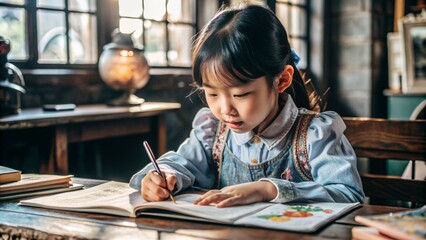 young Asian girl around 7-8 years old sitting at a school desk, focused on her study