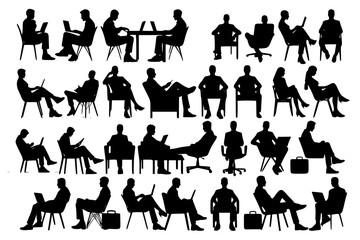 Silhouette of sitting people, large collection, sitting man and girl