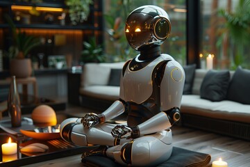Fototapeta premium White humanoid robot practicing yoga and meditating in cozy apartment