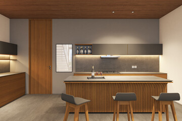 3d render of frame mock up in modern pantry. Gray cement floor, white wall and wood ceiling. Set 20