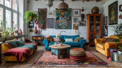 Eccentric living room with colorful, mismatched furniture and unconventional art pieces