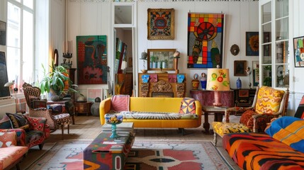Eccentric living room with colorful, mismatched furniture and unconventional art pieces
