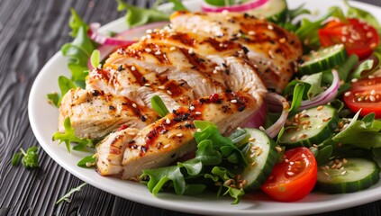 photo of a salad with grilled chicken and vegetables