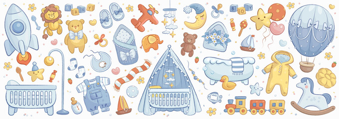 Hand drawn baby boy shower set. Vector illustration of cartoon toys, clothes and flowers isolated on white background