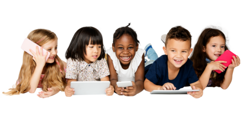 Png children using digital devices sticker, transparent background