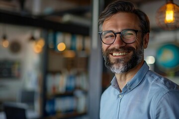 Fototapeta premium Happy businessman with a well-groomed beard and eyeglasses laughing in an office with air conditioning.