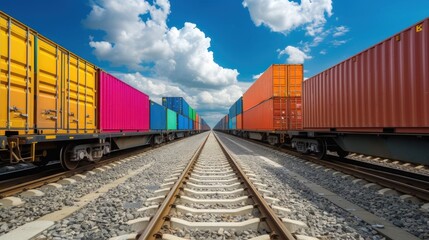 Obraz premium Colorful Freight Trains on Railway Under Blue Sky