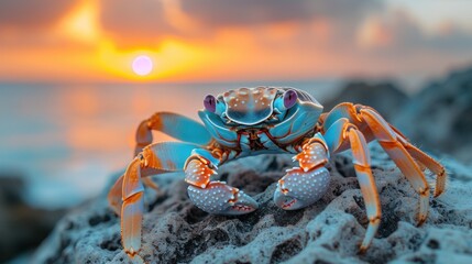 Crab on a Tropical Beach at Sunset