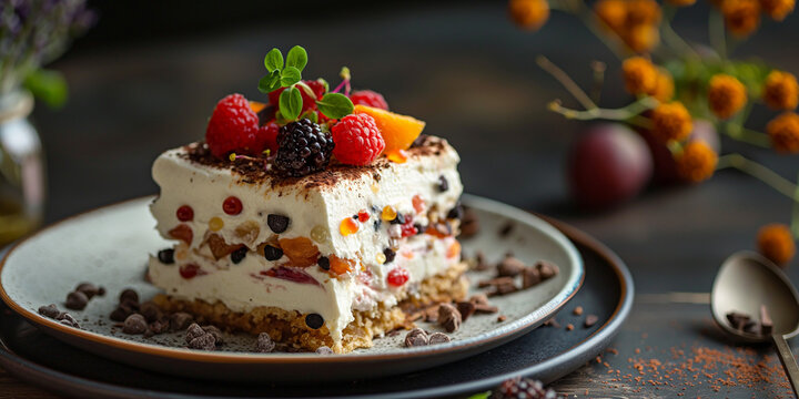 Elegant cassata dessert with natural lighting, a serene and rustic food scene with a minimalistic and sophisticated vibe