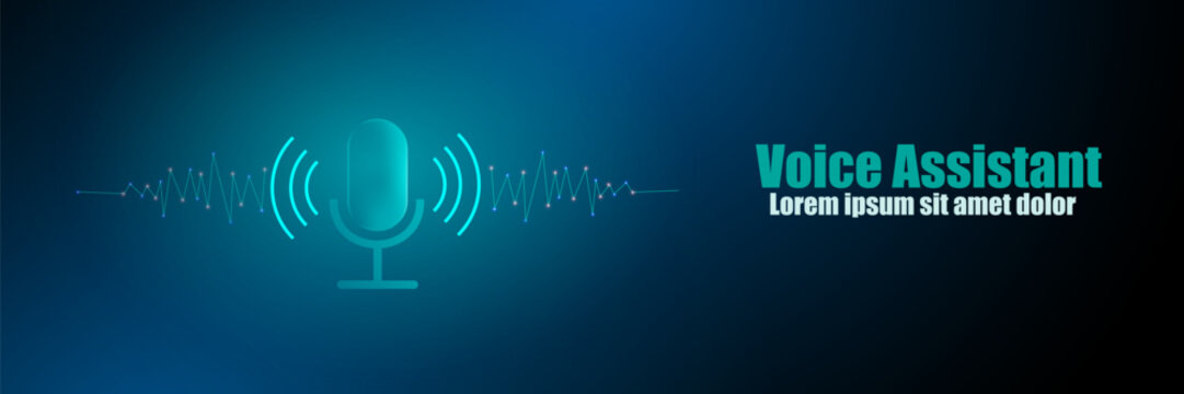 Voice recognition and a microphone help the virtual assistant answer.  Futuristic technology banner