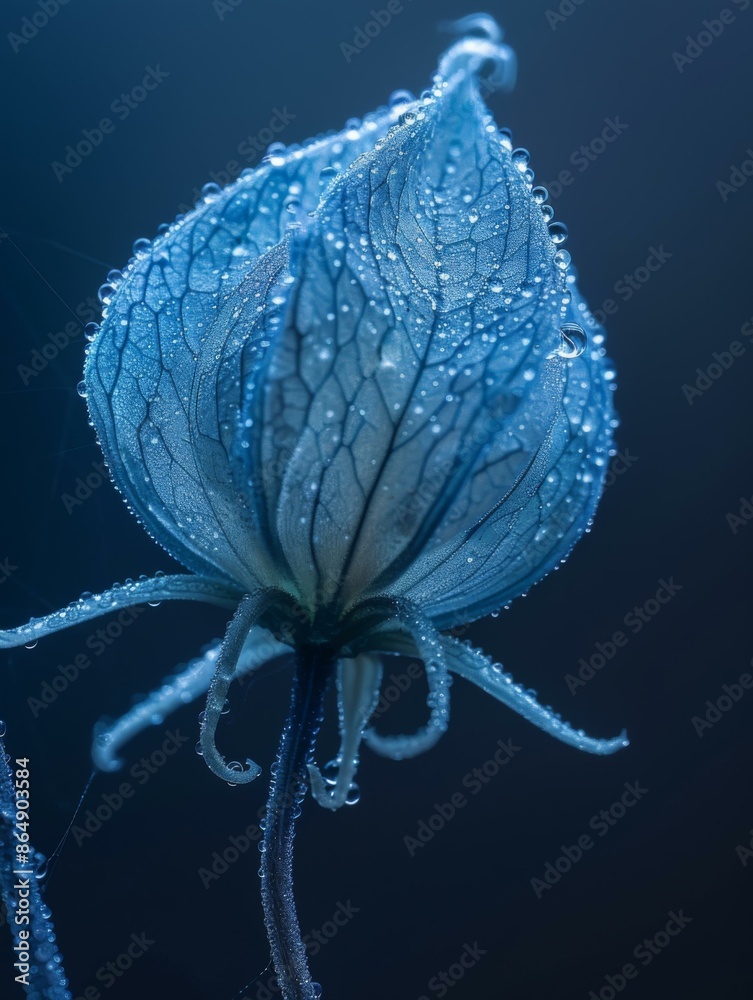 Sticker A close up of a blue flower with water droplets on it. AI.