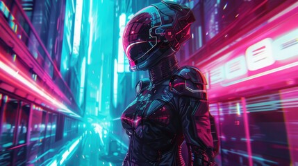 futuristic female mecha pilot in a sleek exosuit, standing in a neonlit cyber city, Digital Art, Cyberpunk, Neon Colors, High Detail