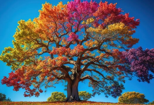 vibrant rainbow leaves adorning family tree, lgbtq, lgbt, pride, colorful, love, equality, foliage, branches, growth, nature, beautiful, design, decorative,