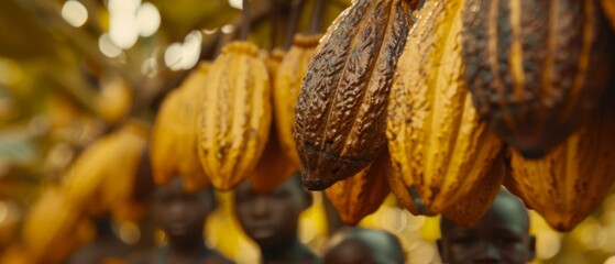 A bunch of bananas hanging from a tree with people in the background. AI.