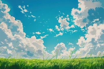 Obraz premium Grass Field landscape with blue sky and white cloud. Blue sky clouds sunny day wallpaper. Cartoon illustration of a Grass Field with blue sky in Summer. green field in a day.