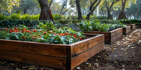 Urban elevated vegetable garden with raised beds and tree surroundings. Concept Urban Gardening, Raised Beds, Elevated Vegetable Garden, Tree Surroundings