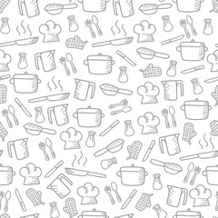 Kitchen utensils seamless pattern background. kitchen set seamless pattern background. hand drawn doodle of kitchen set pattern background. Doodle illustrations of cooking utensils seamless pattern.