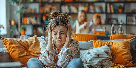 A woman sat on a sofa at home, holding her head with a headache. Her Children are playing too loudly around her
