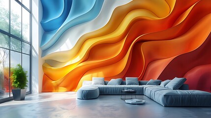 Modern art mural featuring color gradient waves, smooth flowing waves of colors transitioning into each other, in a 16:9 ratio.
