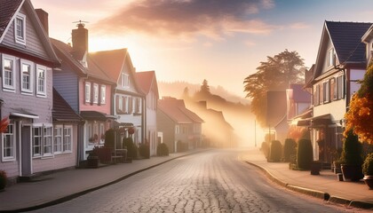 Fototapeta premium A sleepy town in the morning with fog rising over the streets