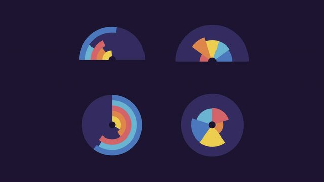Arch infographic charts animations. Semicircle graps animated elements. Moving circular diagrams. Isolated color illustrations on dark background. Transition alpha. HD video. Icon pack