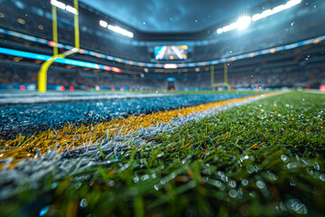 American football field before a game, with the yellow goalposts gleaming under the stadium lights against a backdrop of vibrant green grass