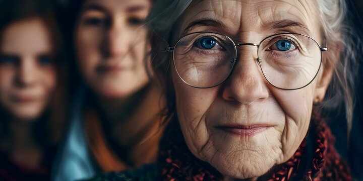 A Caucasian woman transitioning through various life stages within a family. Concept Young adulthood, Parenthood, Family life, Grandparenting, Multigenerational love