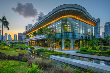 An eco-friendly building in a modern cityscape reflects the urban skyline with lush greenery, blending nature and architecture seamlessly
