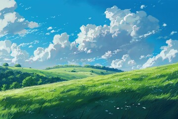 Grass Field landscape with blue sky and white cloud. Blue sky clouds sunny day wallpaper. Cartoon illustration of a Grass Field with blue sky in Summer. green field in a day.