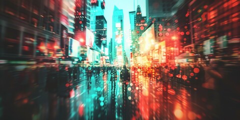 Vibrant cityscape with colorful lights reflecting on wet streets and blurred motion of people in the bustling urban nightlife scene.