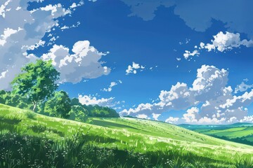 Obraz premium Grass Field landscape with blue sky and white cloud. Blue sky clouds sunny day wallpaper. Cartoon illustration of a Grass Field with blue sky in Summer. green field in a day.