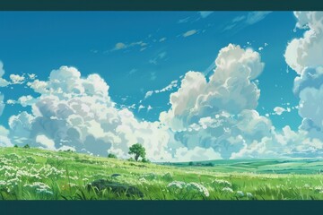 Grass Field landscape with blue sky and white cloud. Blue sky clouds sunny day wallpaper. Cartoon illustration of a Grass Field with blue sky in Summer. green field in a day.