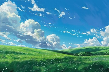 Obraz premium Grass Field landscape with blue sky and white cloud. Blue sky clouds sunny day wallpaper. Cartoon illustration of a Grass Field with blue sky in Summer. green field in a day.