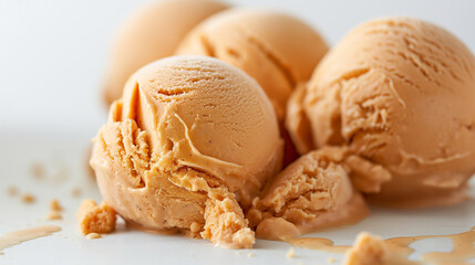 Decadent boozy bourbon peach ice cream, an image of decadent boozy bourbon peach ice cream, its rich color and chunks of peach soaked in bourbon against a white backdrop