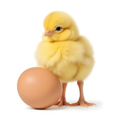 Obraz premium An easter fluffy yellow chick standing next to a brown egg with copy space