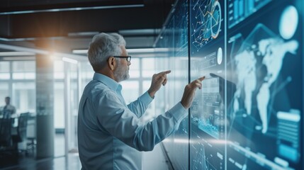 A senior data analyst focuses on interpreting complex data visualizations displayed on high-tech digital screens. AIG41