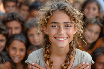 Children gathered outdoors with a smiling girl in front, enjoying a carefree moment together