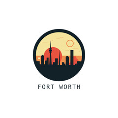 Fort Worth skyline, downtown panorama logo, logotype. USA, Texas state round badge contour, isolated vector vintage pictogram with monuments, landmarks, 