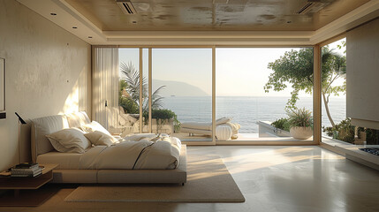 Fototapeta premium Modern bedroom with panoramic ocean view and minimalist design.