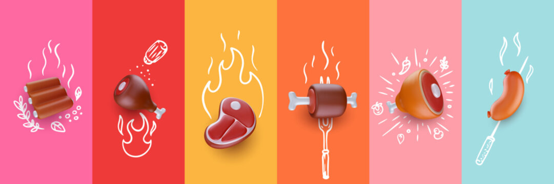 Set of meat product various types for barbecues, picnics or restaurants with doodle draw elements. Creative realistic render coposition. Fashion minimal background. Vector illustration.