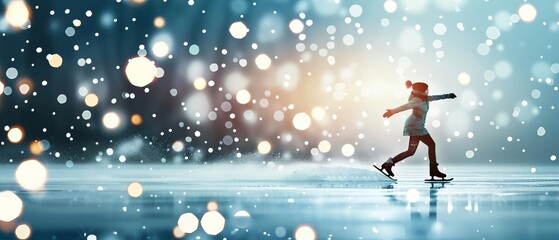 Obraz premium Young woman skating gracefully on an ice rink with magical bokeh lights in the background, creating a whimsical winter scene.