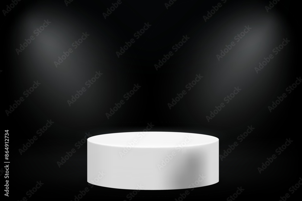 Poster dark studio with cylindrical podium and projectors. 3d vector illustration