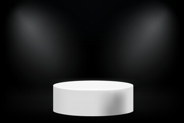 Dark studio with cylindrical podium and projectors. 3d vector illustration