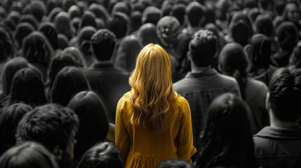 Blonde woman standing out from large crowd of black and white people. Stand out from the crowd concept.