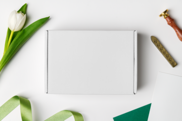 Mailing box png mockup, packaging design, transparent cardboard postal box flat lay